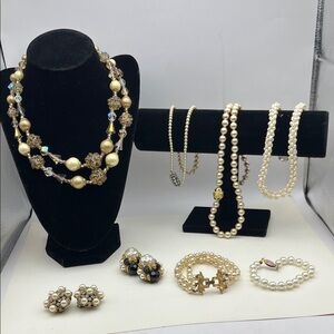 8 PC faux pearl beaded glam vintage lot necklaces earrings jewelry
